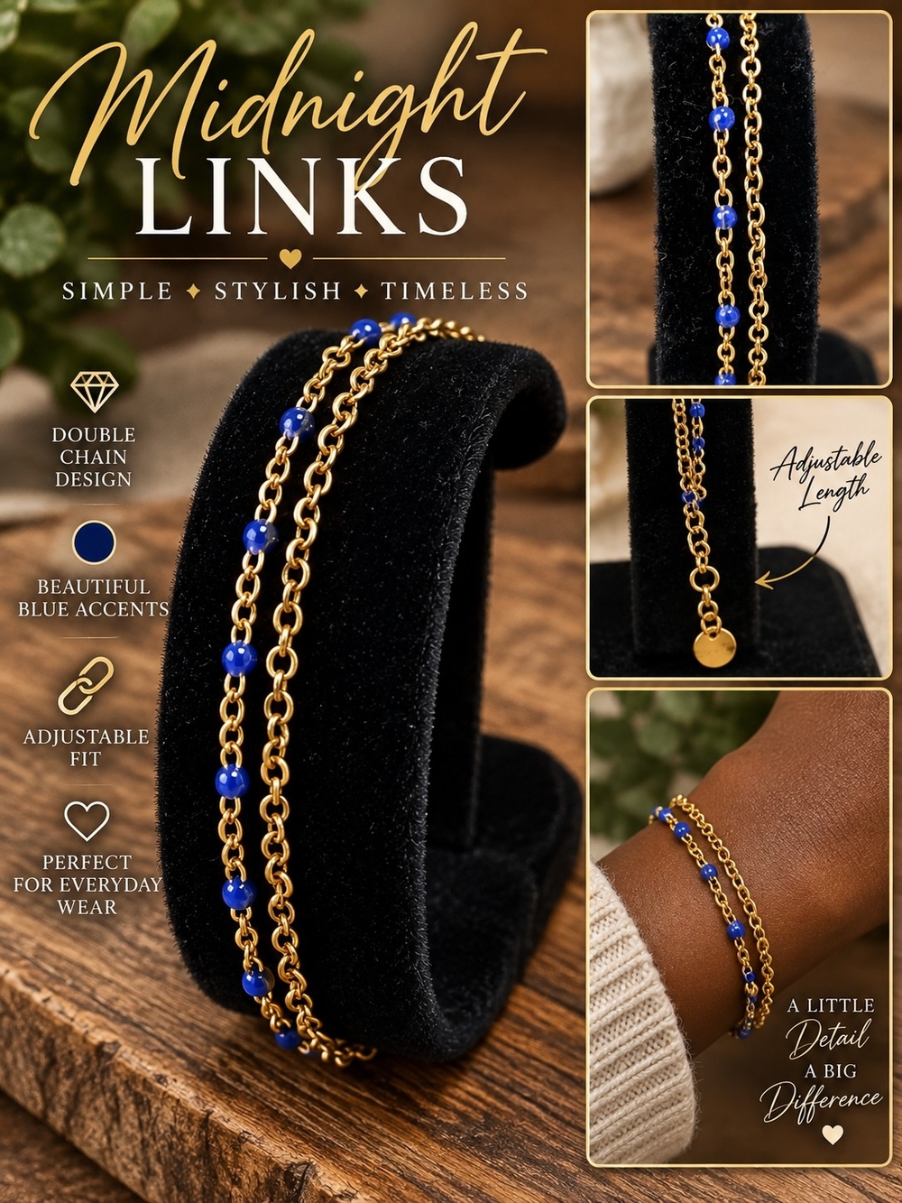 A99. Double Chain Blue & Gold Beaded Bracelet NEW